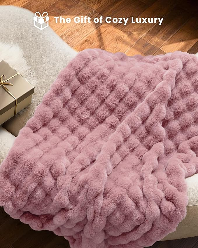 Ultra Soft Cozy Faux Fur Throw Blanket, Fuzzy Plush Thick Bubble Blanket, Oversize Luxury Fluffy Blanket for Couch, Bed, and Living Room, 60x80 Inches, Pink
