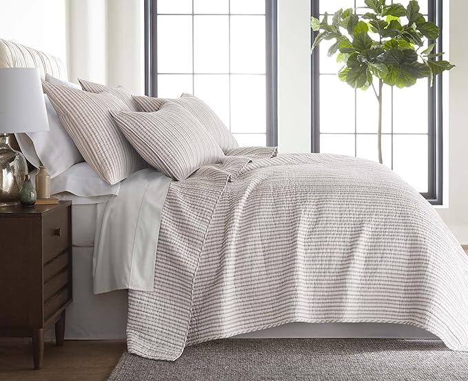 Levtex Home Tobago Stripe Taupe Reversible King/Cal King Quilt Set (106x92in) and 2 Pillow Shams (36x20in) - Striped - Taupe, White - Cotton King Size Quilt Bedding Set - Lightweight Soft Pre-Washed