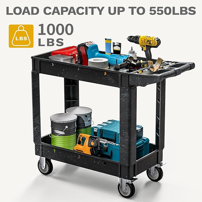 DWVO Utility Cart, 1000 lbs Capacity, 2 Shelf Heavy Duty Plastic Service - Image 3
