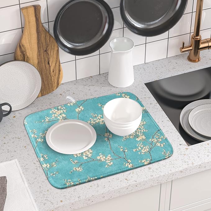 Teal Turquoise Dish Drying Mat for Kitchen Counter Spring Floral Drying Mat 16 - Image 6
