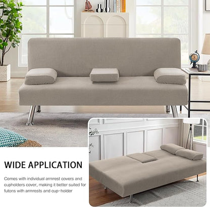 H.VERSAILTEX 4 Pieces Stretch Futon Covers Sofa Bed Slipcover with Removable Armrests and Cupholders Covers Furniture Protector High Spandex Small Checks Jacquard Fabric, Taupe