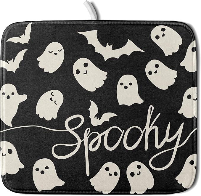 Halloween Dish Drying Mat for Kitchen Counter 16x18 Cute Ghost Black Spooky by Aytipun