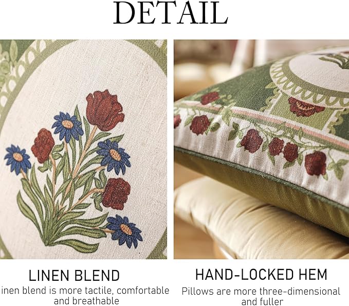 ISAENNE Design Linen Square Throw Pillow Covers 18"x18" Pack of 2, Yellow Green French Cushion Covers with Red Rose Floral Pattern Decoration Pillowcases for Bed, Living Room, Outdoor, Car