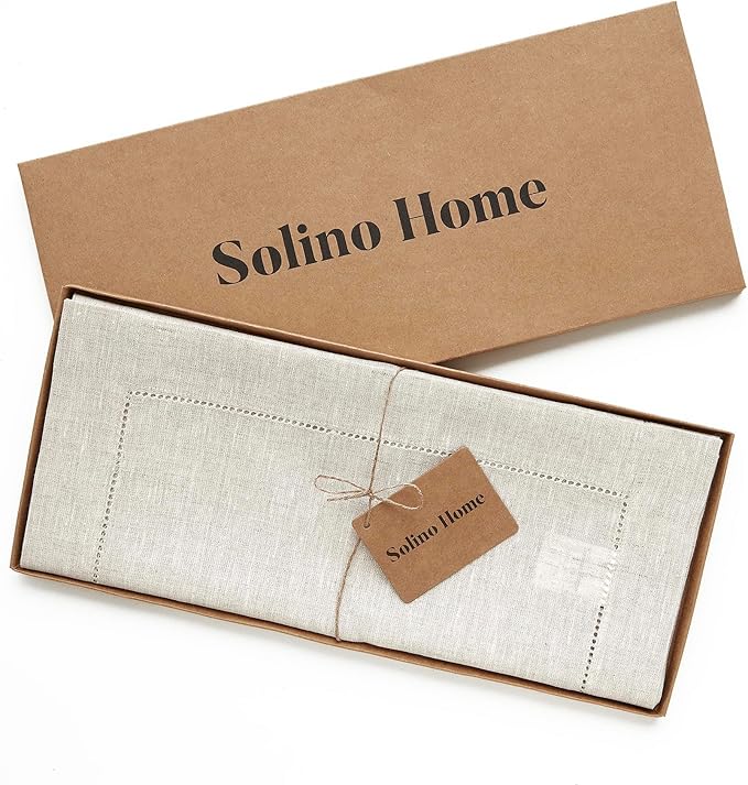 Solino Home Linen Light Natural Table Runner 60 Inches - Classic Hemstitch, 100% Pure Linen Coffee Table Runner 14 x 60 Inch Ideal for Dresser Tables - Christmas, New Year