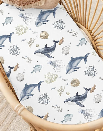 Bassinet Sheets for Baby Girls Boys 2 Pack, Fitted Baby Mattress Sheet for Rectangle, Oval, Hourglass Bassinet Mattress, Breathable Cozy & Universal Fit (Aquatic Adventures)