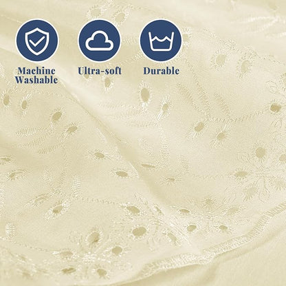 King Bed Skirt, Wrap-Around Elastic Ruffled Eyelet Bed Skirt King Size Dust Ruffle with Gathered Styling and Embroidered Details, 18" Drop Length (Light Yellow)