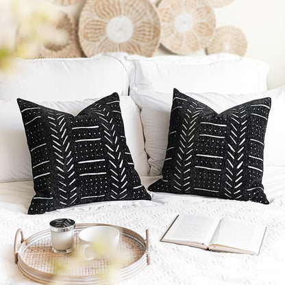 BlissBlush Black Decorative Throw Pillow Covers 22X22, Set of 2, Boho Farmhouse Cushion Cover, Cozy Soft Accent Pillowcase for Couch Sofa Bed Living Room Home Décor