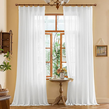 MAIHER 84 Inch Wide White Pinch Pleat Curtains 96 Inches Long for Living Room Sheer Pleated Drapes with Hooks Tree Branch Light Filtering 96 Inch Curtains for Patio, White, 84" W x 96" L, 2 Panels