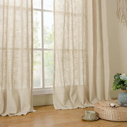LAMIT Semi Sheer Window Linen Curtains 54 Inch Length, Light Filtering Panels Back Tab and Rod Pocket Neutral Drapes for Bedroom/Living Room, Linen, 2 Panels, 34 x 54 Inch