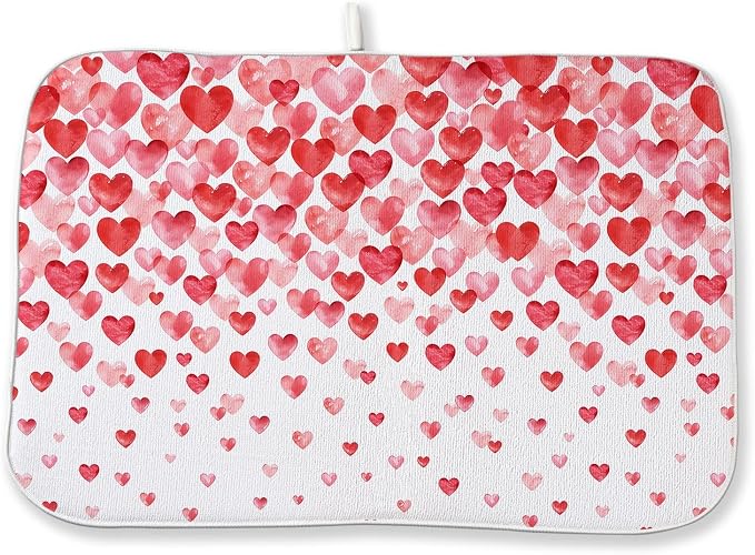 Valentines Dish Drying Mat 18x24 Inch Watercolor Red Pink Love Hearts Drying by DAFENA