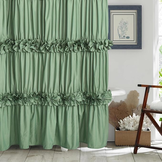 Light Green Ruffle Shower Curtain, Vintage Handcrafted Bow Tie Bath Curtain - Image 8