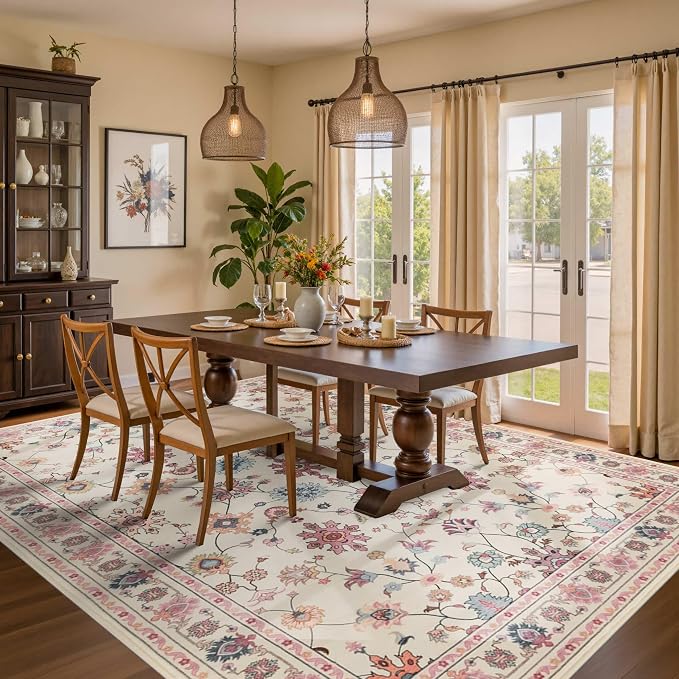 Pink Rug for Living Room Bedroom, Floral 6x9 Washable Rug, Vintage Boho Area Rug - Image 3