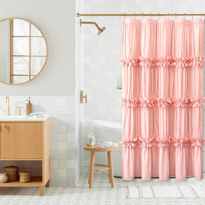 Victorian Peach Ruffle Shower Curtain 60"W x 72"L, Ruched Microfiber Vintage by Homechoice+Decor