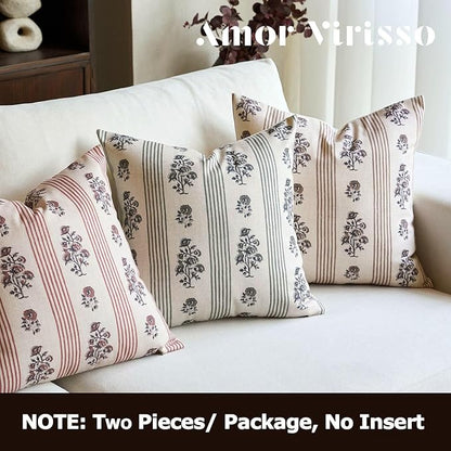 Amor Virisso Floral Throw Pillow Covers 18x18 Set of 2 Block Print Pillow Covers Neutral Floral Striped Farmhouse Decorative Pillow Covers for Sofa Couch Bed, Dusty Green