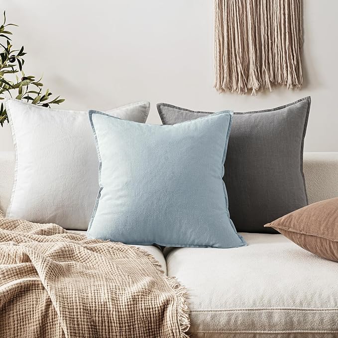EMEMA Throw Pillow Covers Decorative Linen Pillow Covers 24x24 Inch Light Blue Boho Farmhouse Neutral Couch Throw Pillows for Bed Pack of 2 Accent Pillowcase Modern Sofa Cushion Livingroom Home