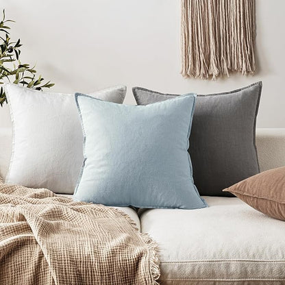 EMEMA Throw Pillow Covers Decorative Linen Pillow Covers 24x24 Inch Light Blue Boho Farmhouse Neutral Couch Throw Pillows for Bed Pack of 2 Accent Pillowcase Modern Sofa Cushion Livingroom Home