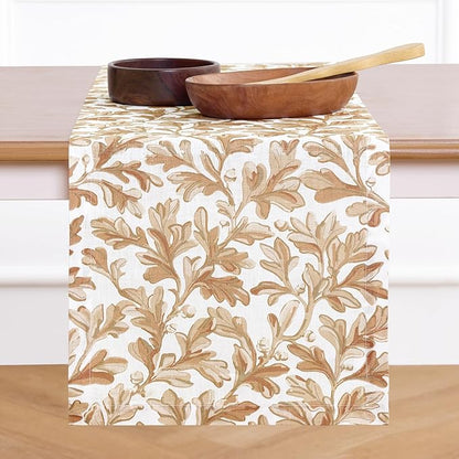 Solino Home 100% Pure Linen Fall Table Runner 72 Inches Long - Floral Print Table Runner 14 x 72 Inch for Autumn - Handcrafted and Machine Washable - Fallen Leaves Print