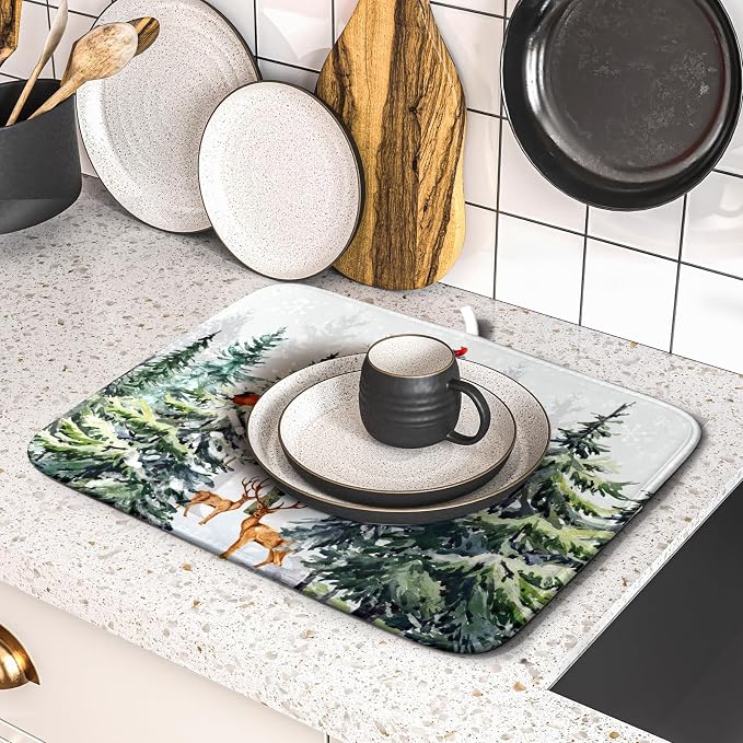 Pine Tree Dish Drying Mat for Kitchen Counter 16x18 Inch Forest Deer Absorbent - Image 5