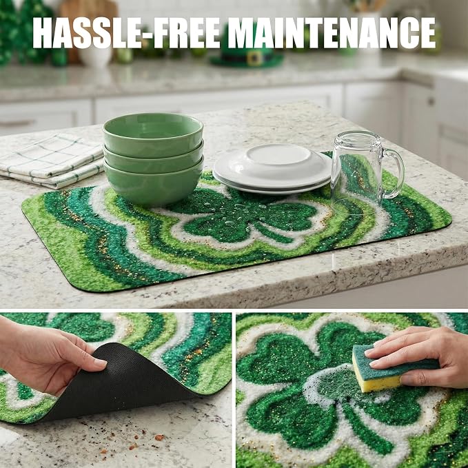 St Patrick’s Day Dish Drying Mat: 12’’x20’’ Green Shamrock Absorbent Counter - Image 6