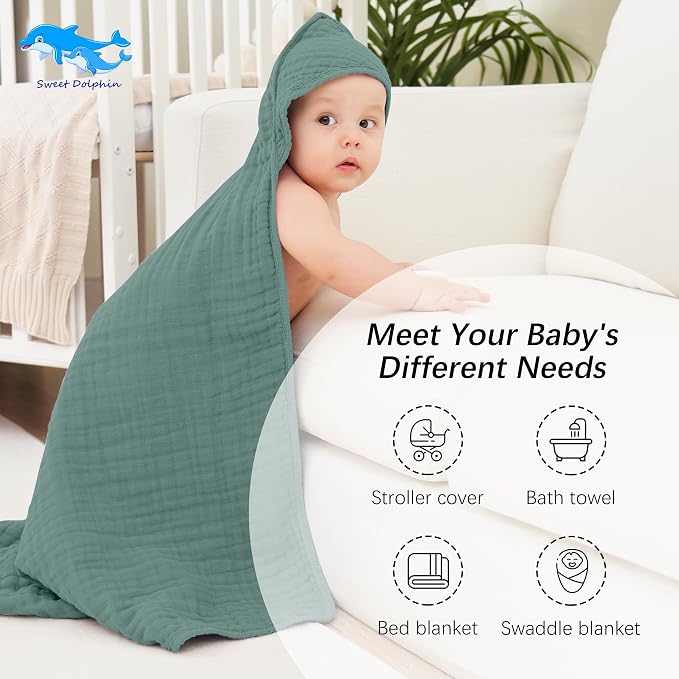 SWEET DOLPHIN Muslin Hooded Baby Bath Towels - Image 5