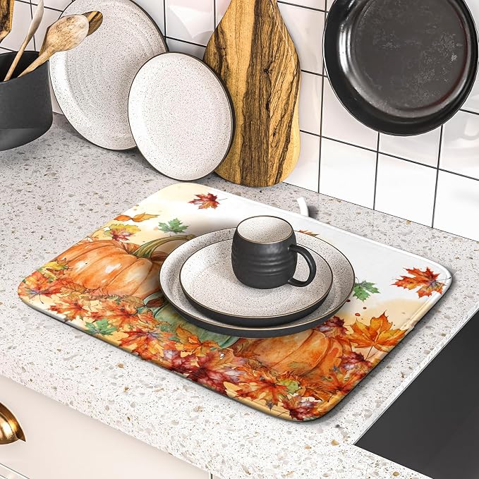 Fall Dish Drying Mat for Kitchen Counter 16×18 Inch Orange Pumpkin Drainer Pad - Image 5