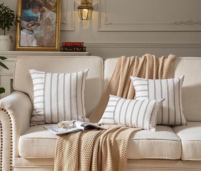 Caflife Boho Throw Pillow Covers 20x20 Set of 2 Soft Farmhouse Decorative Couch Pillow Cases Grey Striped Pillow Covers Neutral Cushion Covers for Sofa Bed Living Room Home Decor