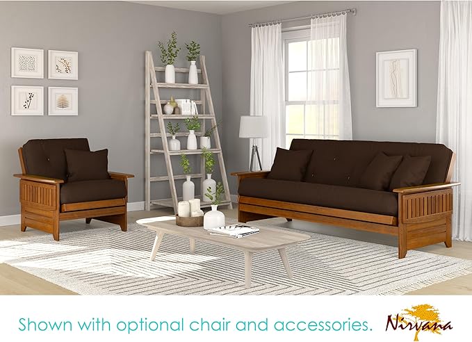 Nirvana Futons Brentwood Tray Arm Futon Sofabed Set - Queen Frame, 8" Microfiber Fudge Mattress, Heritage Finish