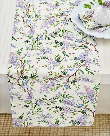 Solino Home Lilacs Floral Print Table Runner 90 Inches Long - 100% Pure Linen Table Runner 14 x 90 Inch - Handcrafted and Machine Washable - Lilacs/Off White Print