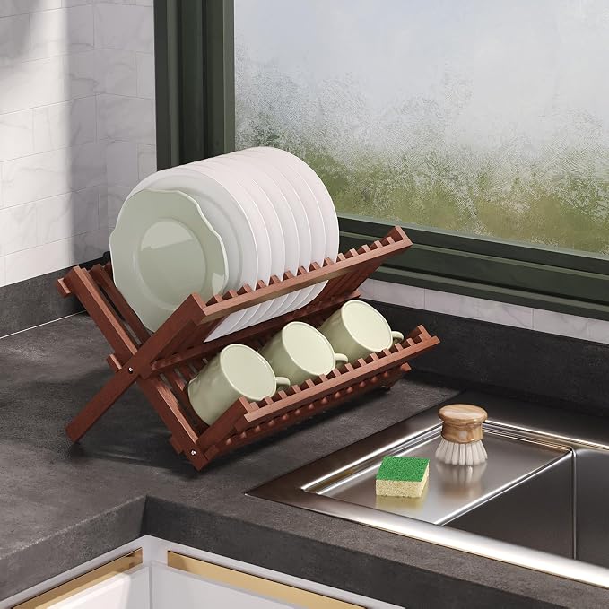Teak Dish Drying Rack, Folding Collapsible Drainer Plate Organizer Holder - Image 6