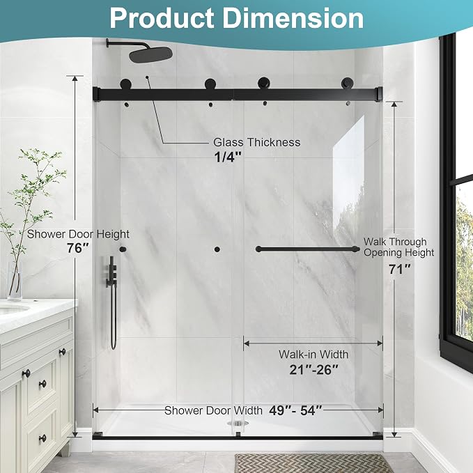KPUY Frameless Shower Door, 49-54" W x 76" H Double Sliding Glass Shower Door - Image 4
