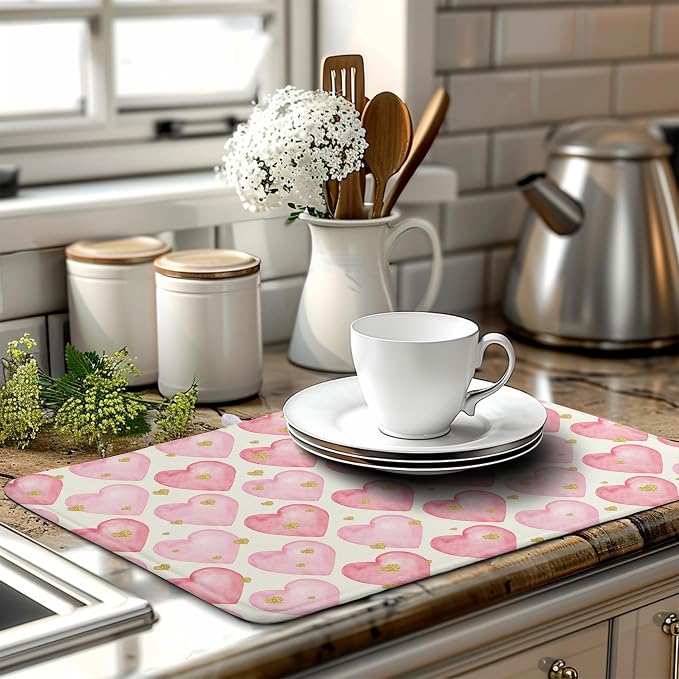 Valentines Dish Drying Mat Valentine Dishes Drying Pad Pink Golden Heart Love - Image 6