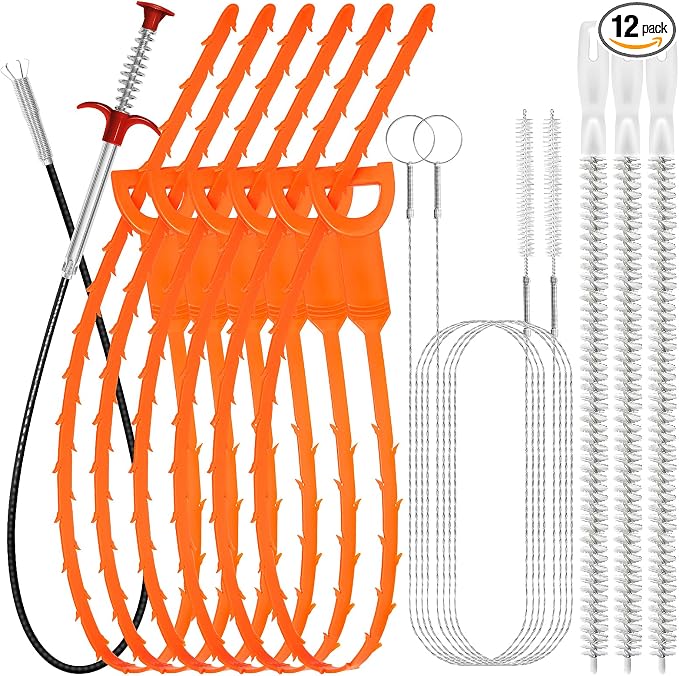 Drain Snake 12 Set: 25inch Snake Drain Hair Removal Tool, 59inch Cleaning Brush by Unknown