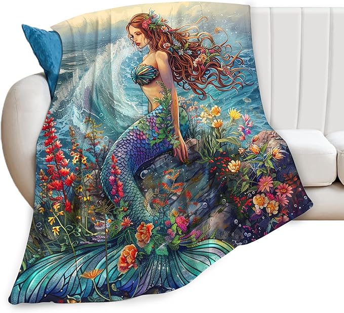 Mermaid Throw Blanket - Ocean Blanket for Girls, Women, Boys & Men - Soft, Warm & Cozy Fleece - 60"x50"