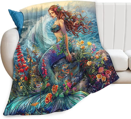Mermaid Throw Blanket - Ocean Blanket for Girls, Women, Boys & Men - Soft, Warm & Cozy Fleece - 60"x50"