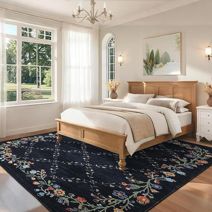 Garveehome 4x6 Washable Floral Area Rugs for Living Room: Modern Floral Non Slip Large Area Rugs for Bedroom, Large Machine Washable Living Room Low Pile Carpet with Non-Slip Backing Black 4 ft x6 ft.