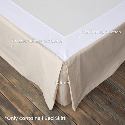 BISELINA French Linen Wrap Around Bed Skirt with Pleated Corner 14-Inch Tailored Drop Natural Flax Cotton Blend Basic Soft Cozy (14" Queen, Linen)