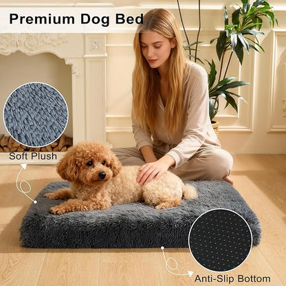 Fluffy Orthopedic Dog Beds for Large Dogs with Washable Removable Cover Dog Crate Bed Egg Crate Foam Support Plush Pet Pad Mat with Anti-Slip Bottom (42 * 28,Dark Grey)