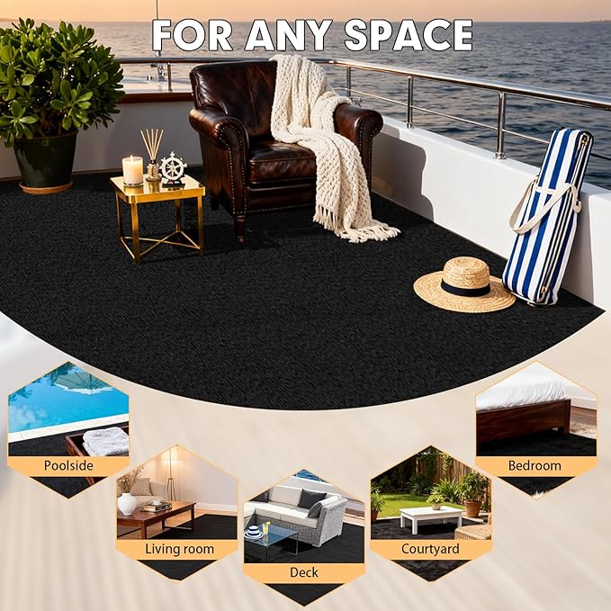 Marine Carpet, 5 FT x 20 FT Black Indoor/Outdoor Carpet, 0.2" Thick, Non-Slip, Waterproof, Machine Made, High Pile, Rectangular Area Rug