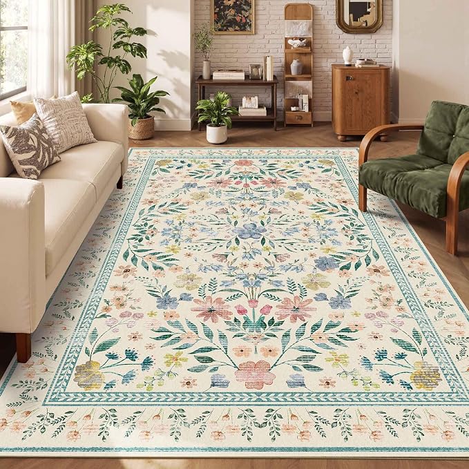 Floral Rug for Living Room Bedroom, 6x9 Washable Rug, Vintage Boho Style by Rugxara