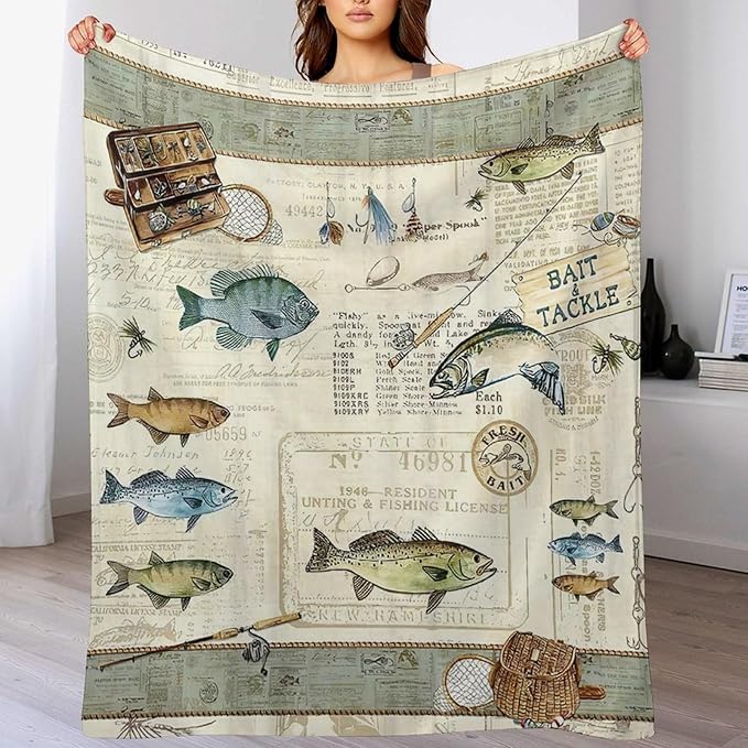 Fishing Blanket Fishing Gifts for Men Fish Throw Blanket Fishing Blanket for Kids Adults Soft Warm Cozy Fleece Blanket for Couch Sofa Bed 50"x60"