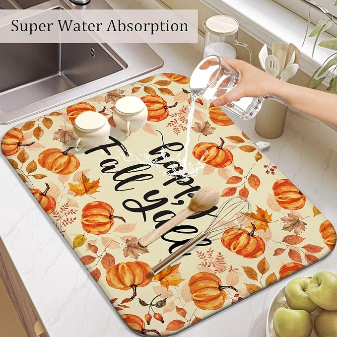 Fall Dish Drying Mat for Kitchen Counter, Autumn Pumpkin Maple Leaf Pattern - Image 5