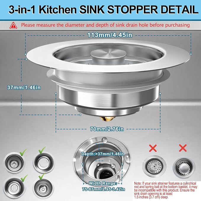 3-in-1 Kitchen Sink Drain Strainer Stopper, Upgraded Stainless Steel Sink Plug - Image 2