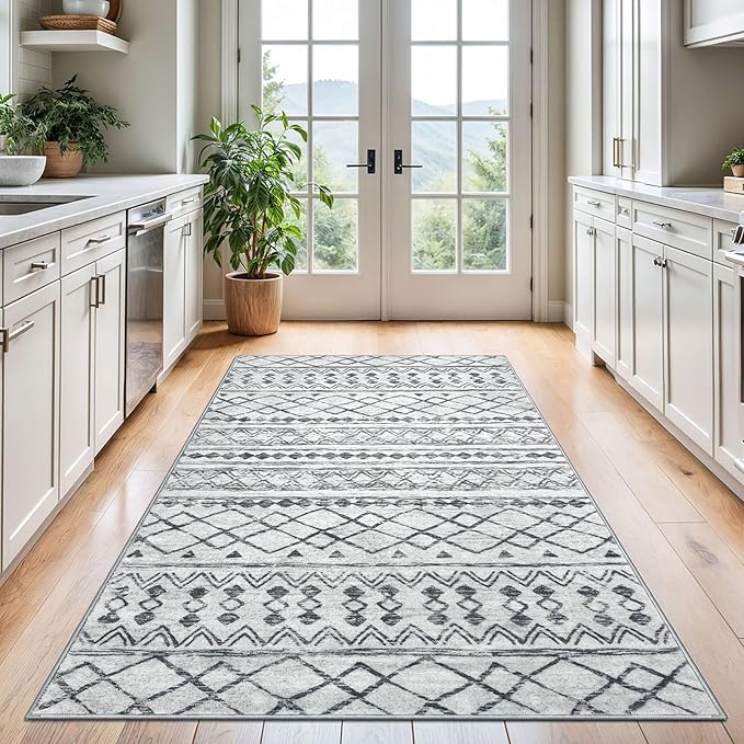 KUTA Bedroom Boho Rug 4x6 Grey, Moroccan Washable Area Rugs Non Slip, Ultra Soft Print Distressed Geometric Low-Pile Entry Throw Carpet for Bedroom Nursery Dorm Kitchen Decor