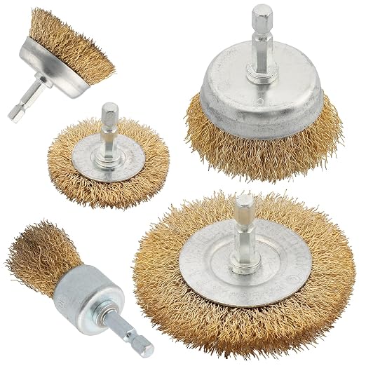 5 Pcs Wire Brush for Drill Set, Brass Wire Wheel for Drill, 1/4 Inch Hex Shank by WENORA