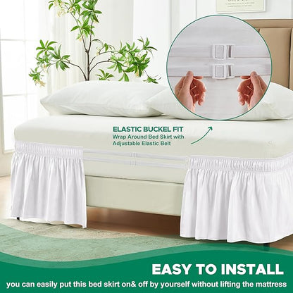 Biscaynebay Wrap Around Bed Skirts for Twin & Twin XL Beds 17" Drop, White Adjustable Elastic Dust Ruffles Easy Fit Wrinkle & Fade Resistant Silky Luxurious Fabric Solid Machine Washable