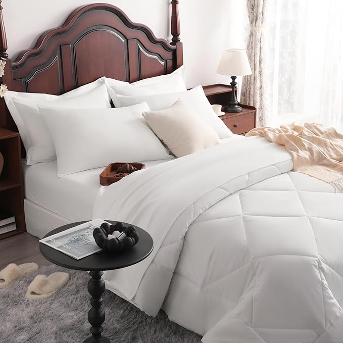 NTBAY Queen Comforter Set with Sheets, 7 Pieces Soft and Breathable Queen Bedding Set, Bed in a Bag, Down Alternative Comforter Set Solid Color All Season, Queen Bedding Set, White