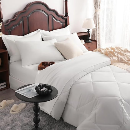 NTBAY Queen Comforter Set with Sheets, 7 Pieces Soft and Breathable Queen Bedding Set, Bed in a Bag, Down Alternative Comforter Set Solid Color All Season, Queen Bedding Set, White