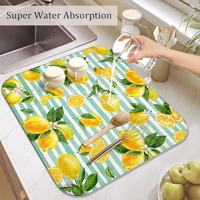 Lemon Dish Drying Mat for Kitchen Counter, Striped Background Yellow Lemon - Image 5