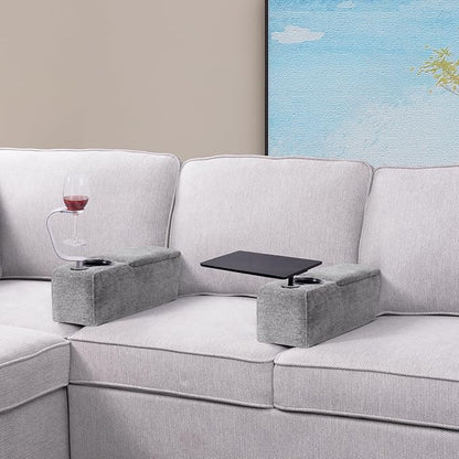 Multifunctional Sofa Armrest, Couch Armrest with Wireless Charge Stand, Removable Couch Caddy with Storage,Including LED Reading Light,Pewter