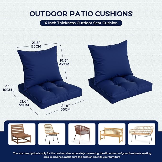 Waterproof Outdoor Chair Cushions Set of 2, Patio Cushions for Outdoor Furniture Water-Resistant & Fade-Resistant, Deep Seat & Back Cushion for Chair Sofa, 22x22 Inch (Navy)